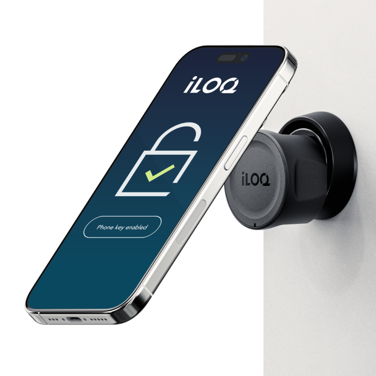 iLOQ ANSI Mortise_X50S_Black tilted with phone SQUARE